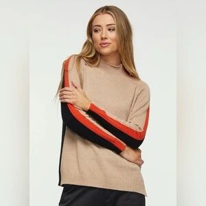 Zaket & Plover Womens Beige Crewneck Sweater with Red and Black Stripe Sleeves